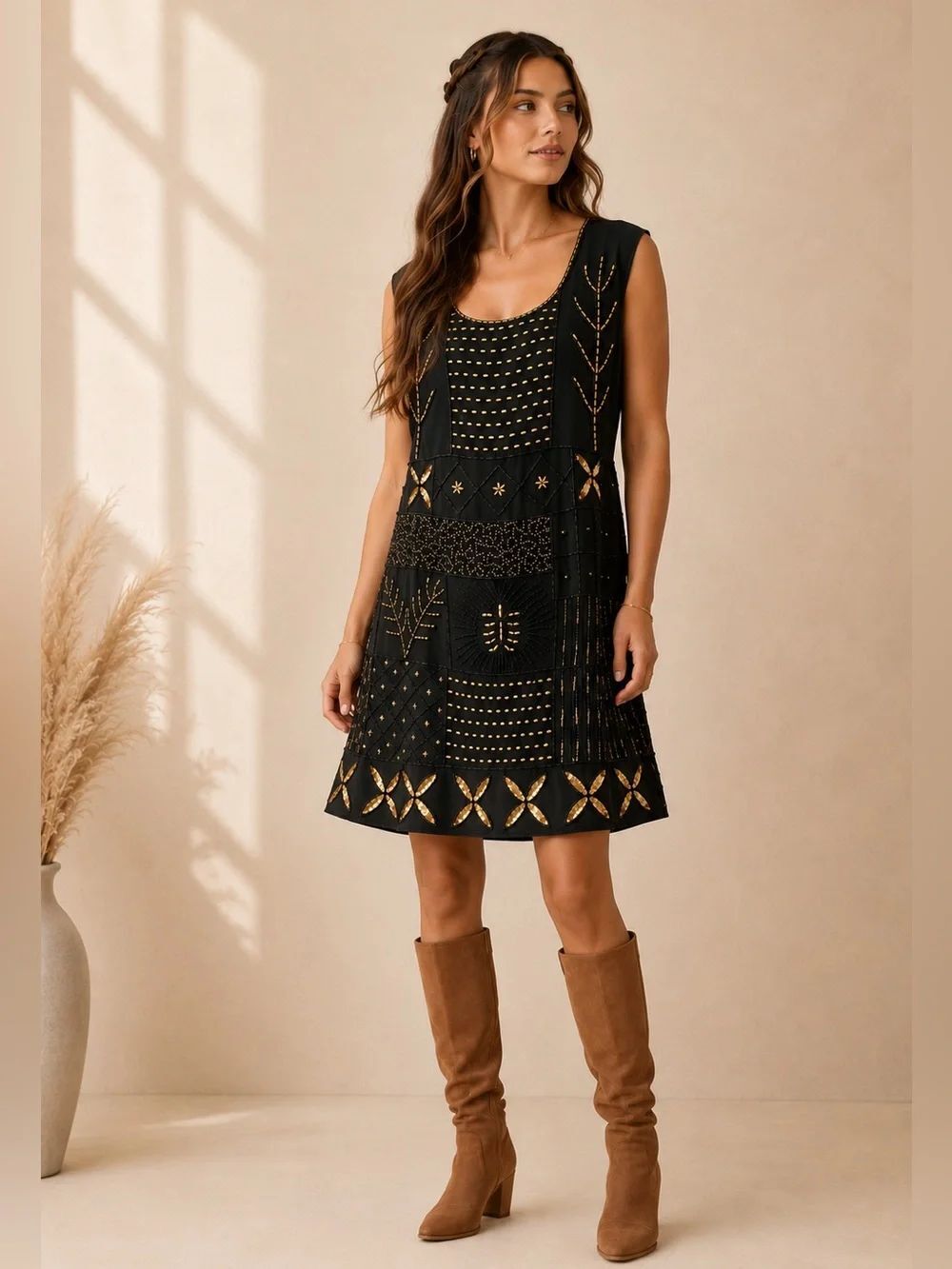 French Collizioni Hand Beaded Black & Gold Sleeveless Dress | Vintage Art